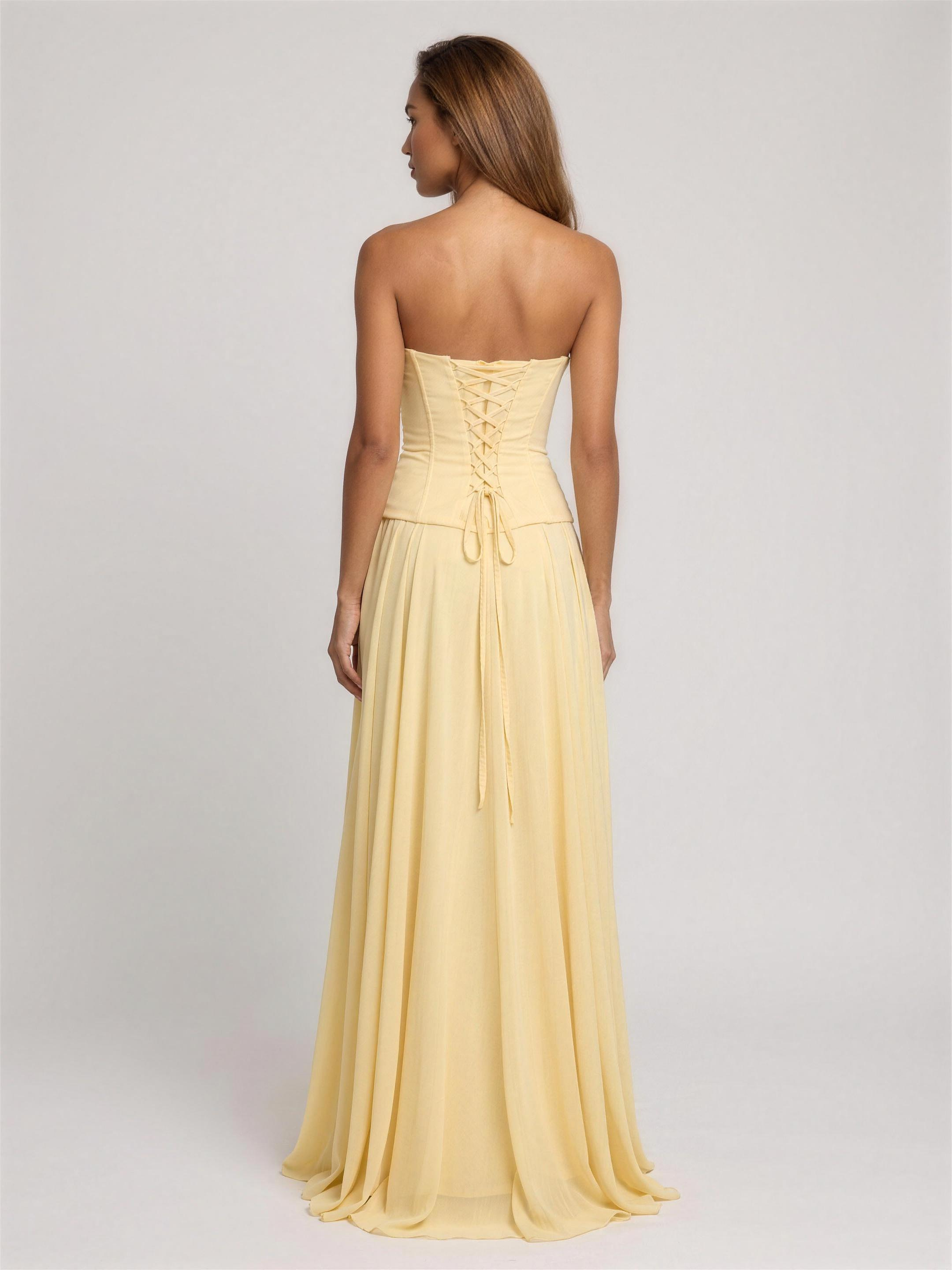 Strapless Corset Chiffon Cocktail Maxi Dress - Lemon