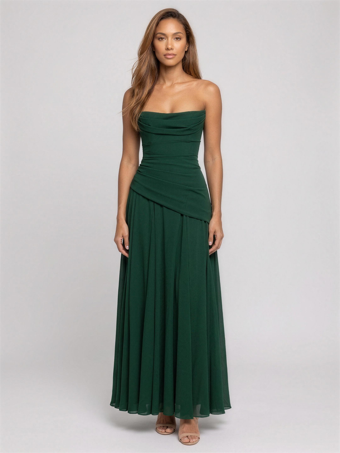Strapless Corset Chiffon Cocktail Maxi Dress - Emerald