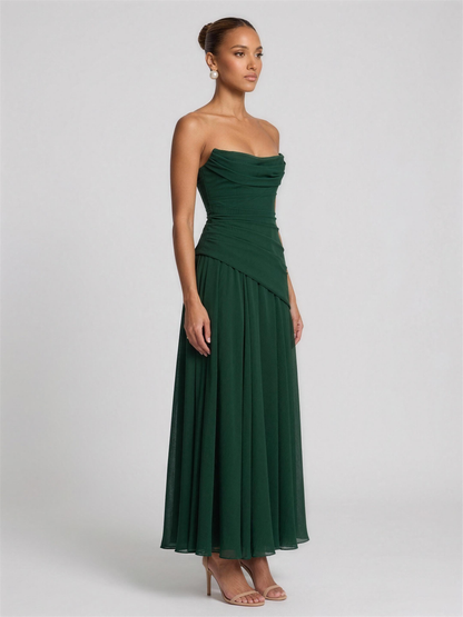 Strapless Corset Chiffon Cocktail Maxi Dress - Emerald