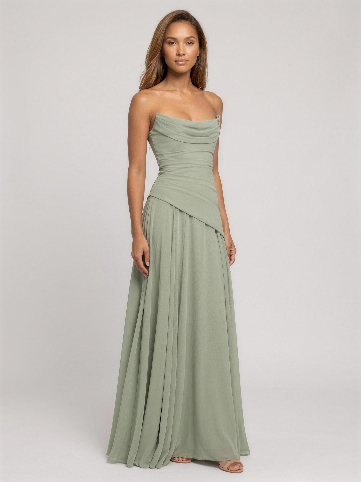 Strapless Corset Chiffon Cocktail Maxi Dress - Sage