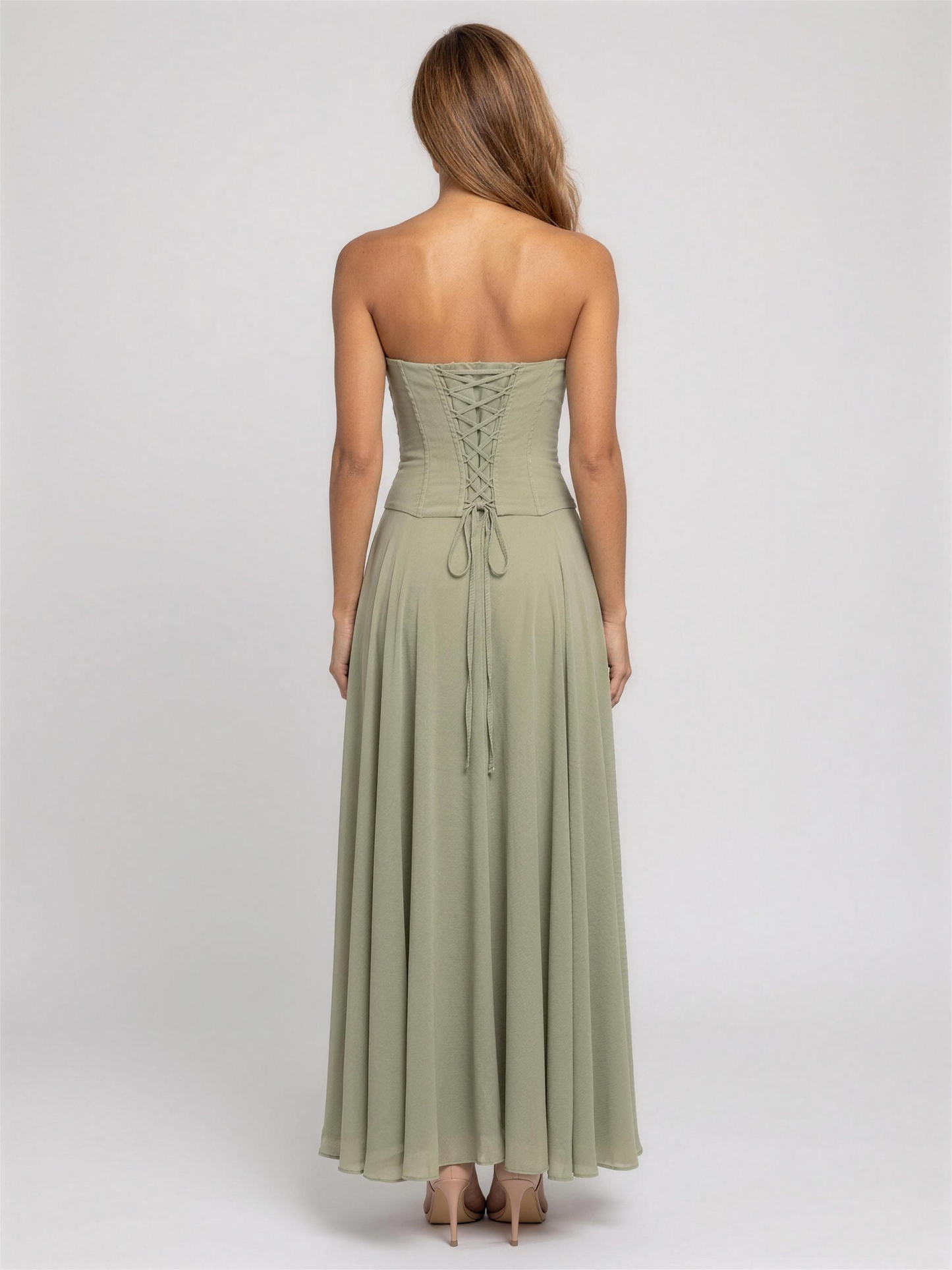 Strapless Corset Chiffon Cocktail Maxi Dress - Sage