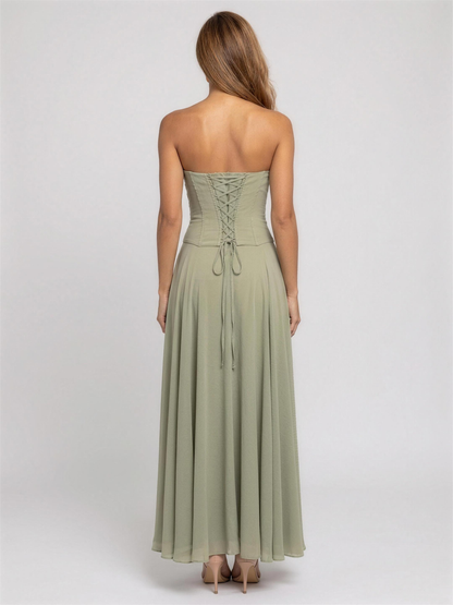 Strapless Corset Chiffon Cocktail Maxi Dress - Sage