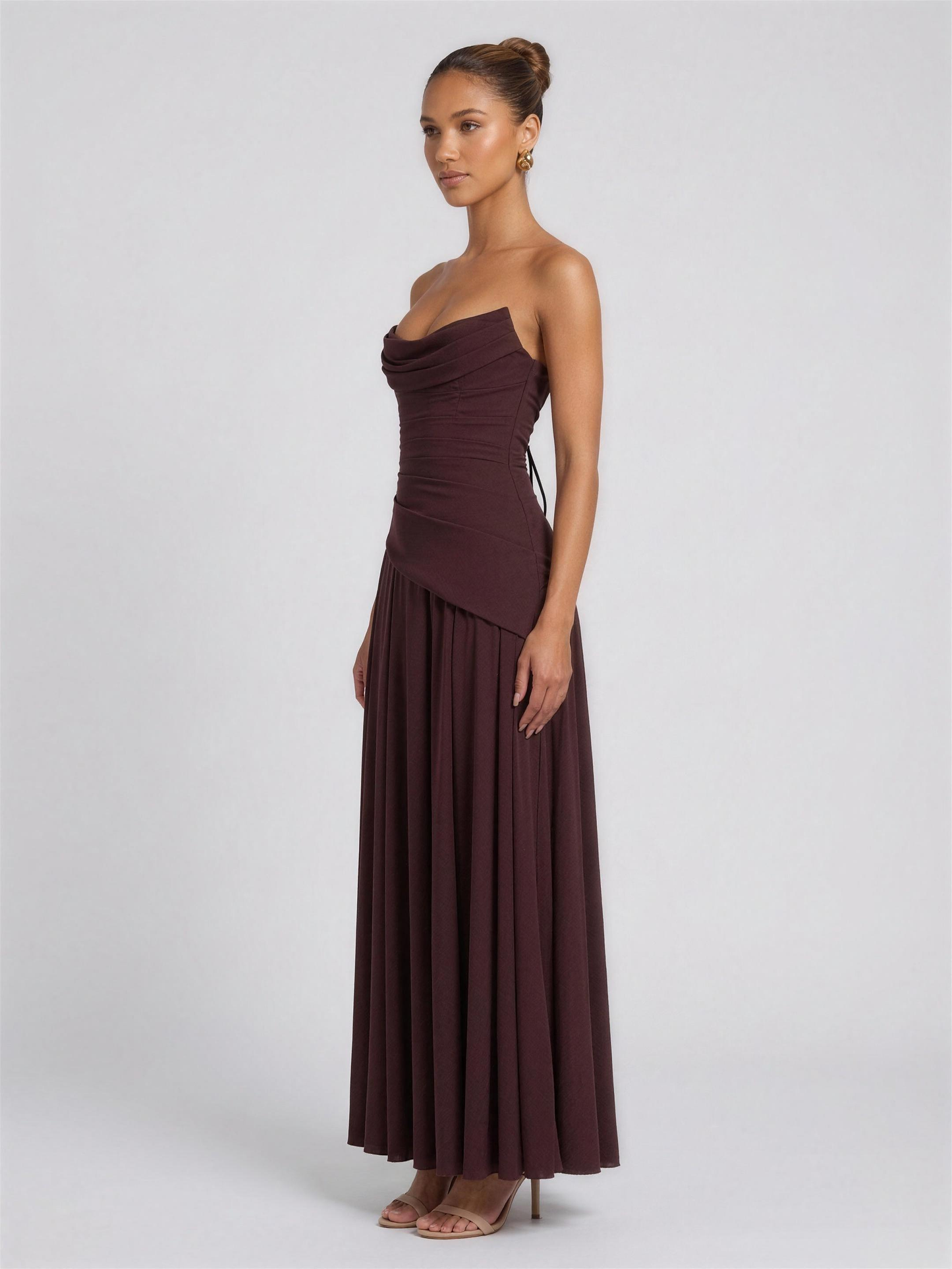 Strapless Corset Chiffon Cocktail Maxi Dress - Brown