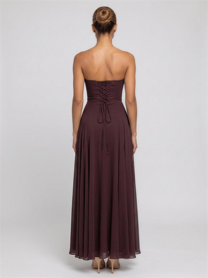 Strapless Corset Chiffon Cocktail Maxi Dress - Brown