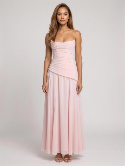 Strapless Corset Chiffon Cocktail Maxi Dress - Blush