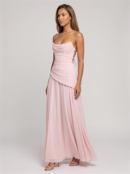 Strapless Corset Chiffon Cocktail Maxi Dress - Blush