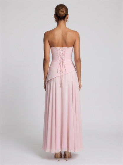 Strapless Corset Chiffon Cocktail Maxi Dress - Blush
