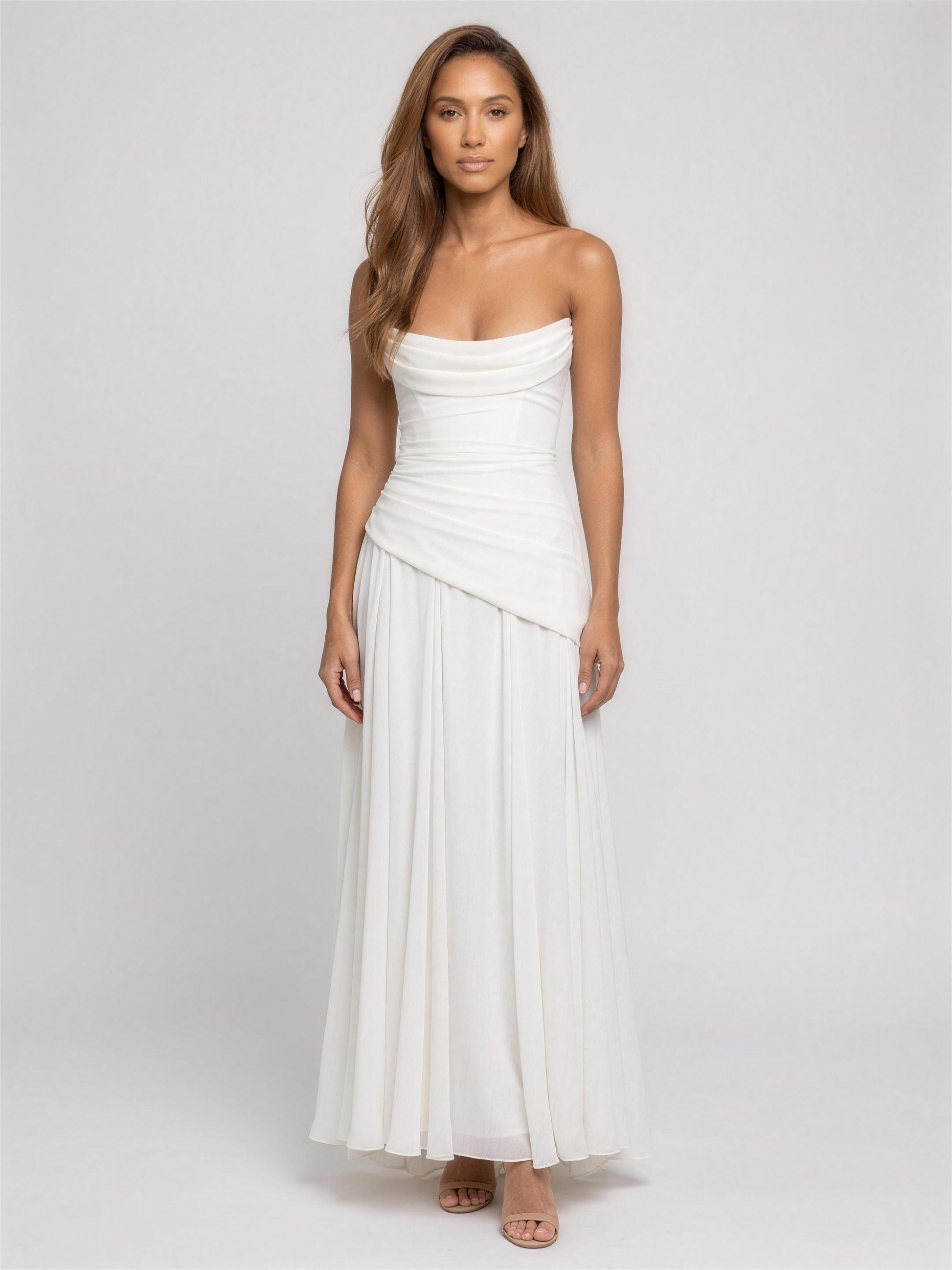 Strapless Corset Chiffon Cocktail Maxi Dress - Ivory