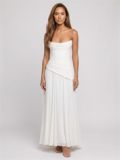 Strapless Corset Chiffon Cocktail Maxi Dress - Ivory
