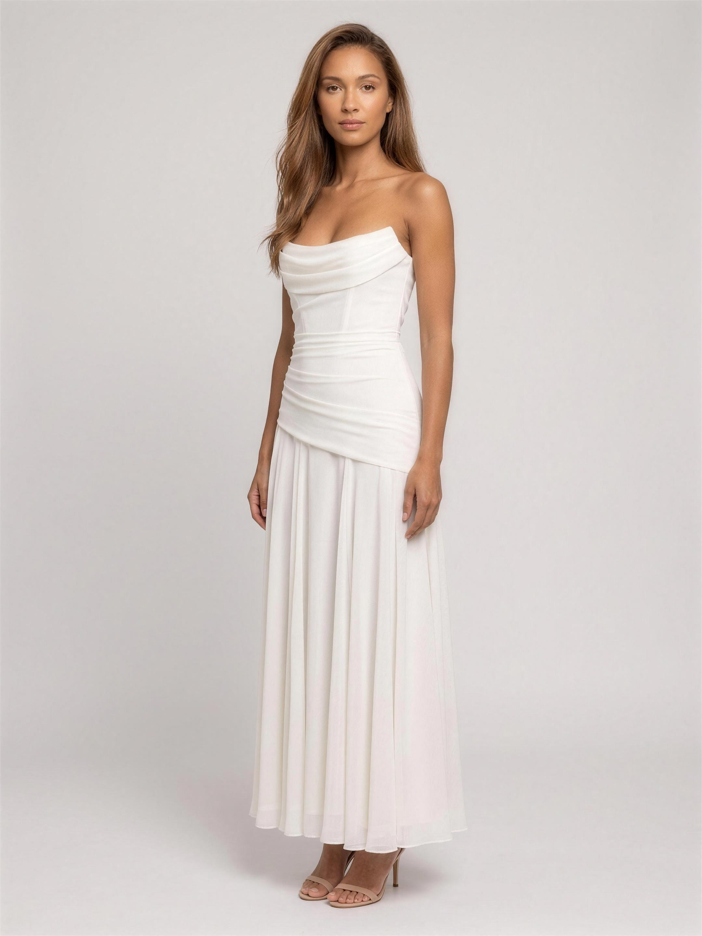 Strapless Corset Chiffon Cocktail Maxi Dress - Ivory