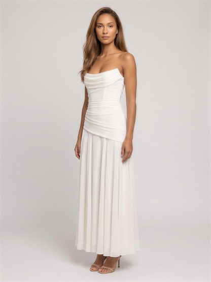 Strapless Corset Chiffon Cocktail Maxi Dress - Ivory