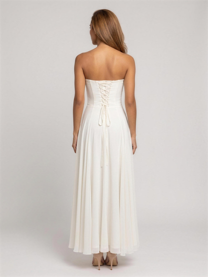 Strapless Corset Chiffon Cocktail Maxi Dress - Ivory