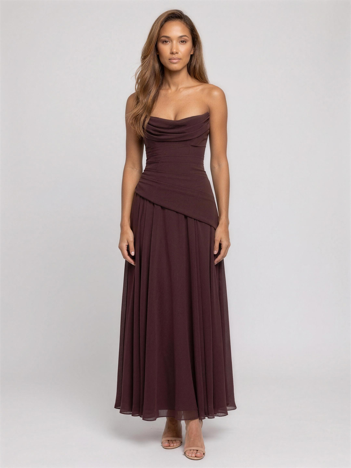 Strapless Corset Chiffon Cocktail Maxi Dress - Plum Brown