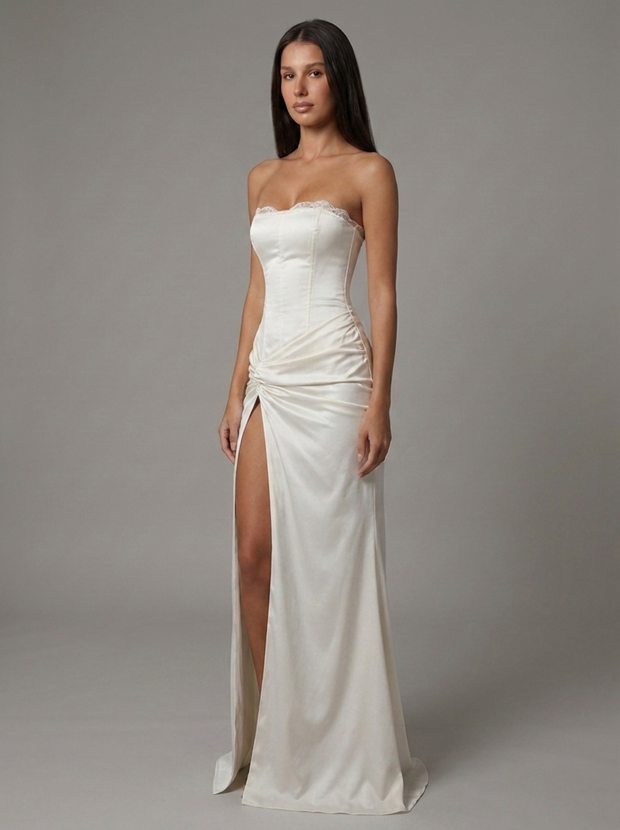 Strapless Corset Lace Rehearsal Dinner Maxi Dress