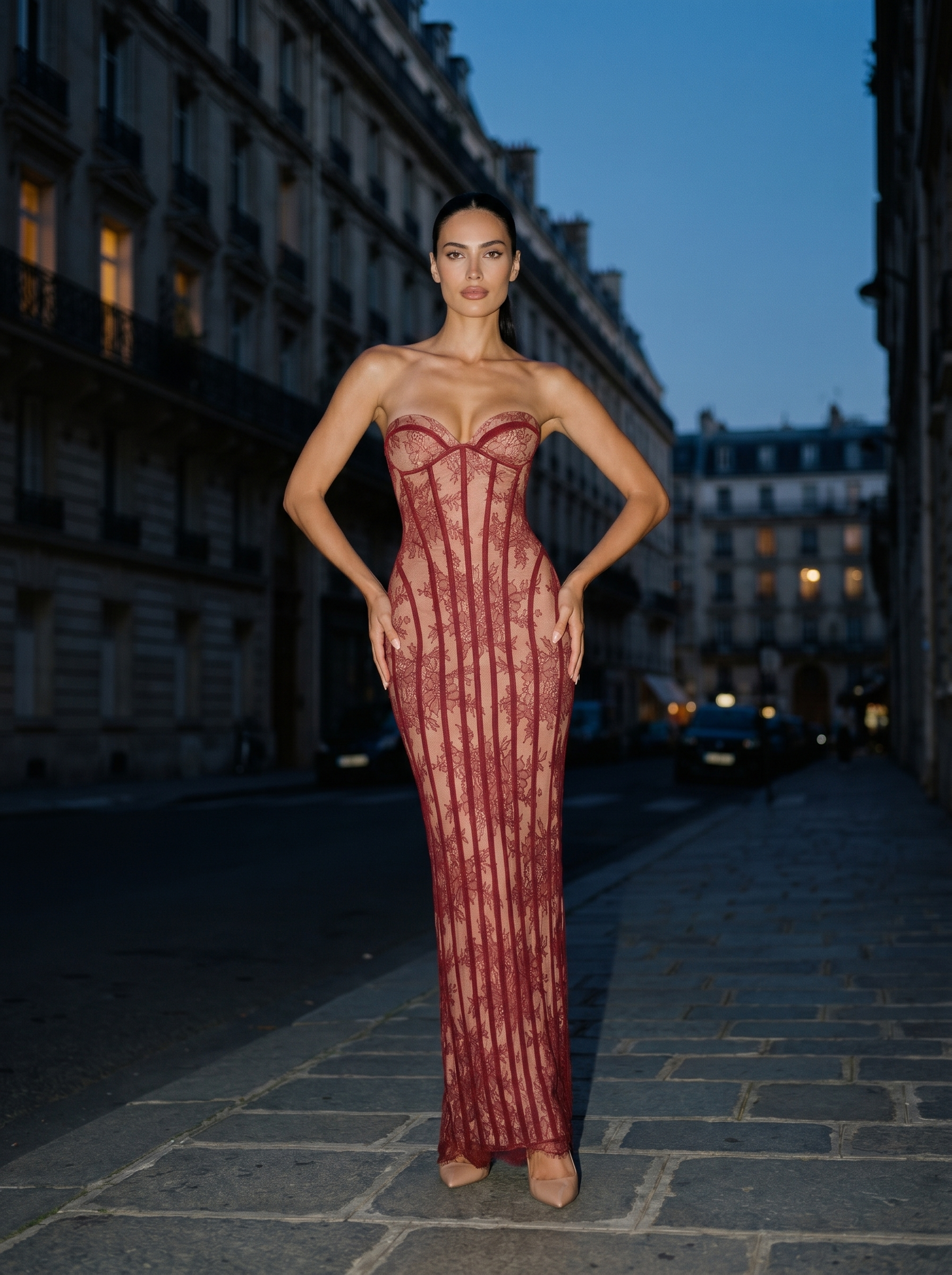 Strapless Wine Lace Column Gown - Burgundy