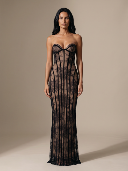 Strapless Wine Lace Column Gown - Black
