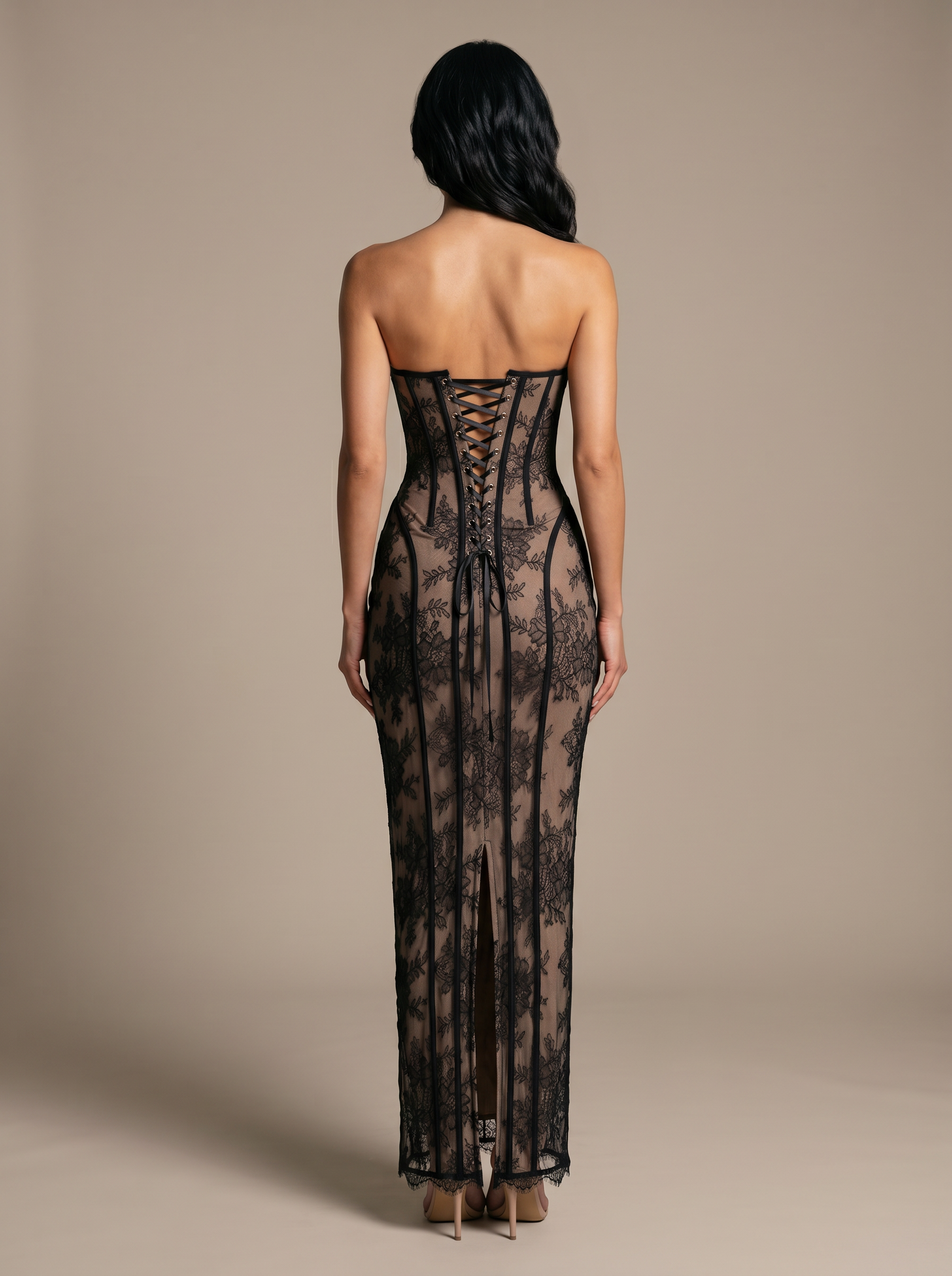 Strapless Wine Lace Column Gown