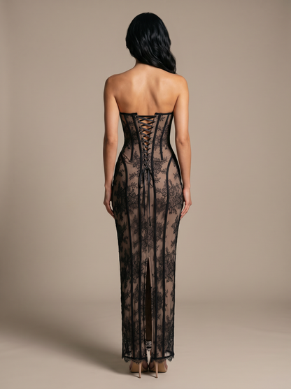 Strapless Wine Lace Column Gown