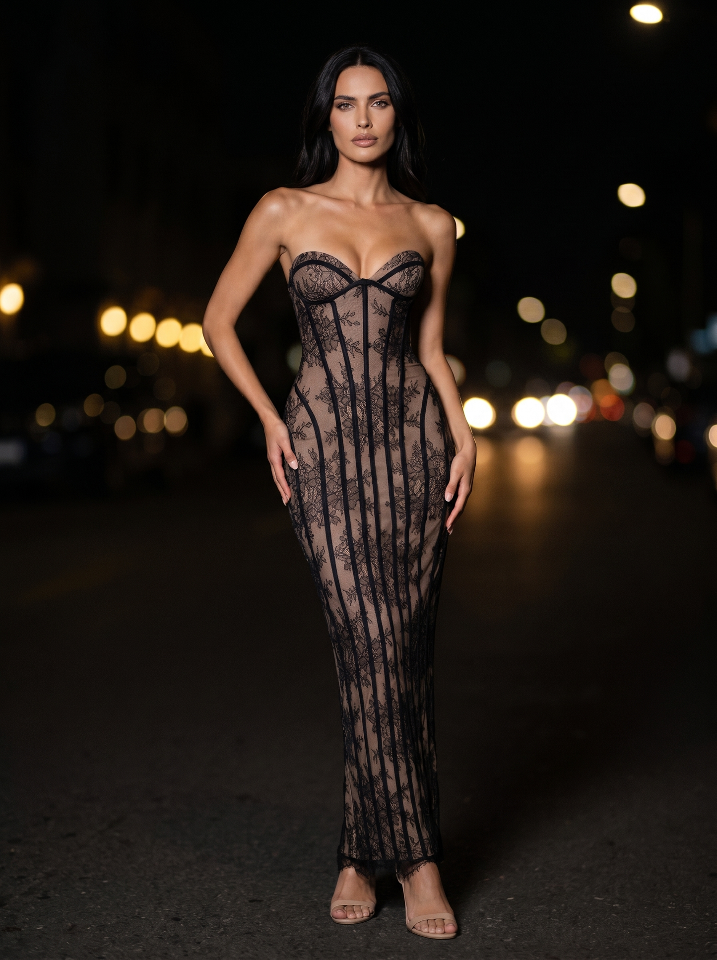 Strapless Wine Lace Column Gown