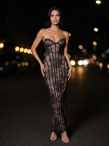 Strapless Wine Lace Column Gown
