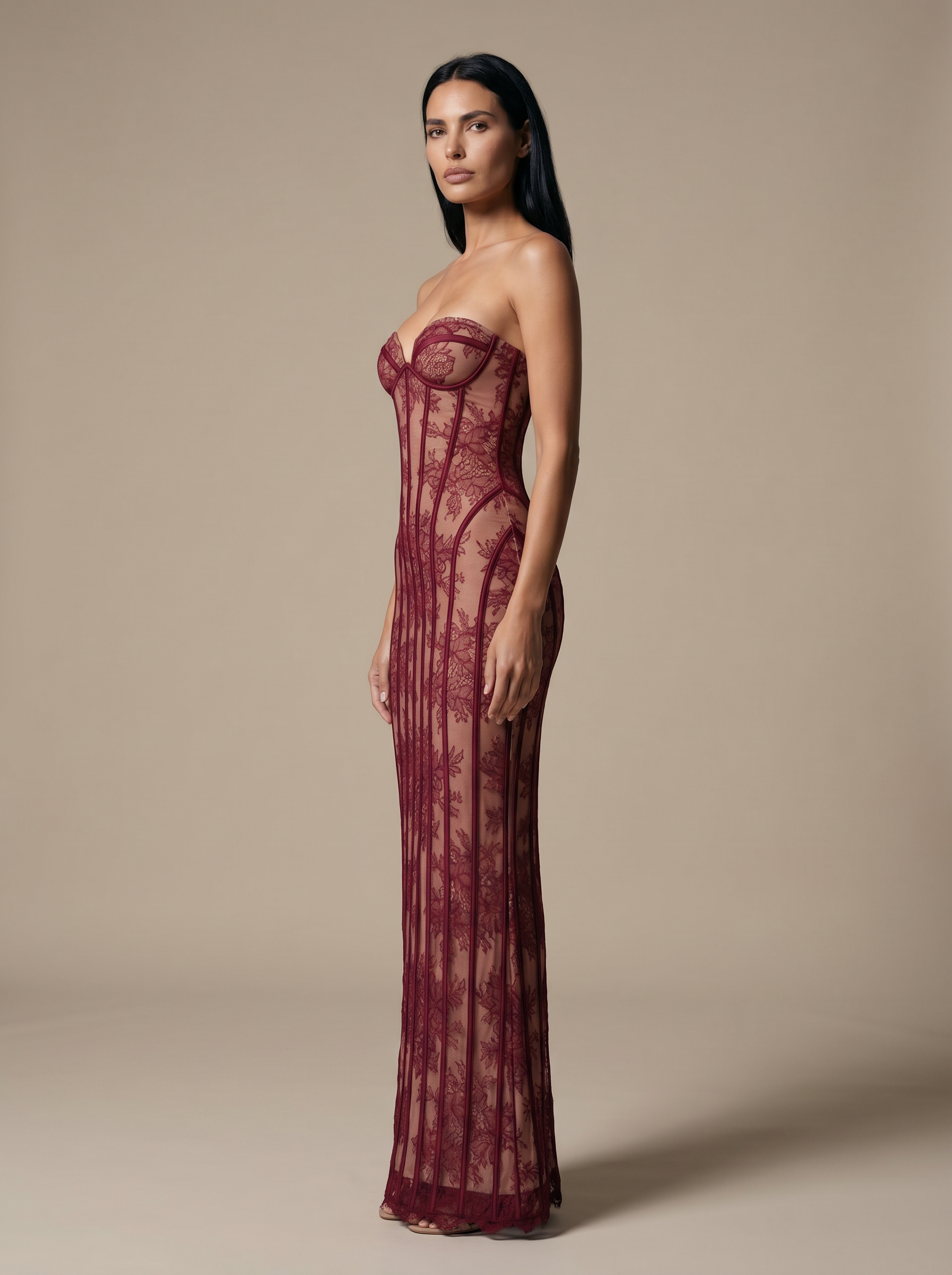 Strapless Wine Lace Column Gown - Burgundy, side