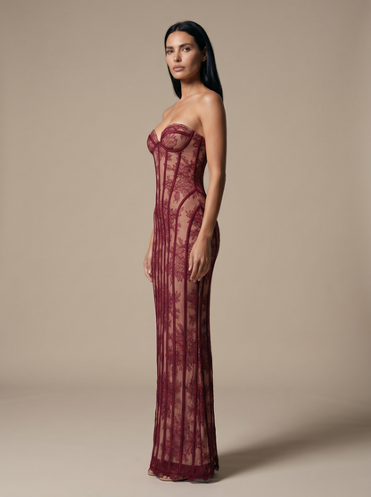 Strapless Wine Lace Column Gown - Burgundy, side