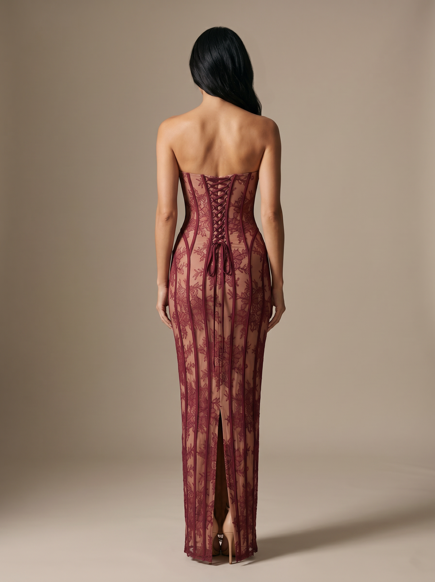 Strapless Wine Lace Column Gown - Burgundy, back
