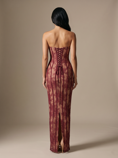 Strapless Wine Lace Column Gown - Burgundy, back