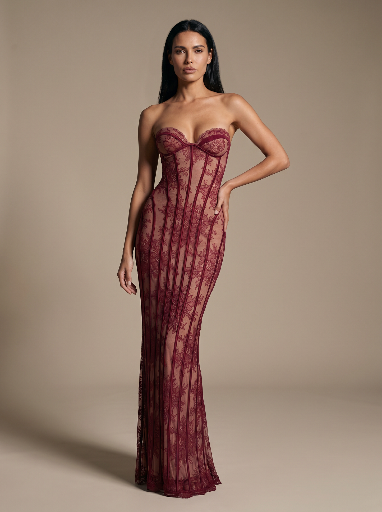 Strapless Wine Lace Column Gown - Burgundy
