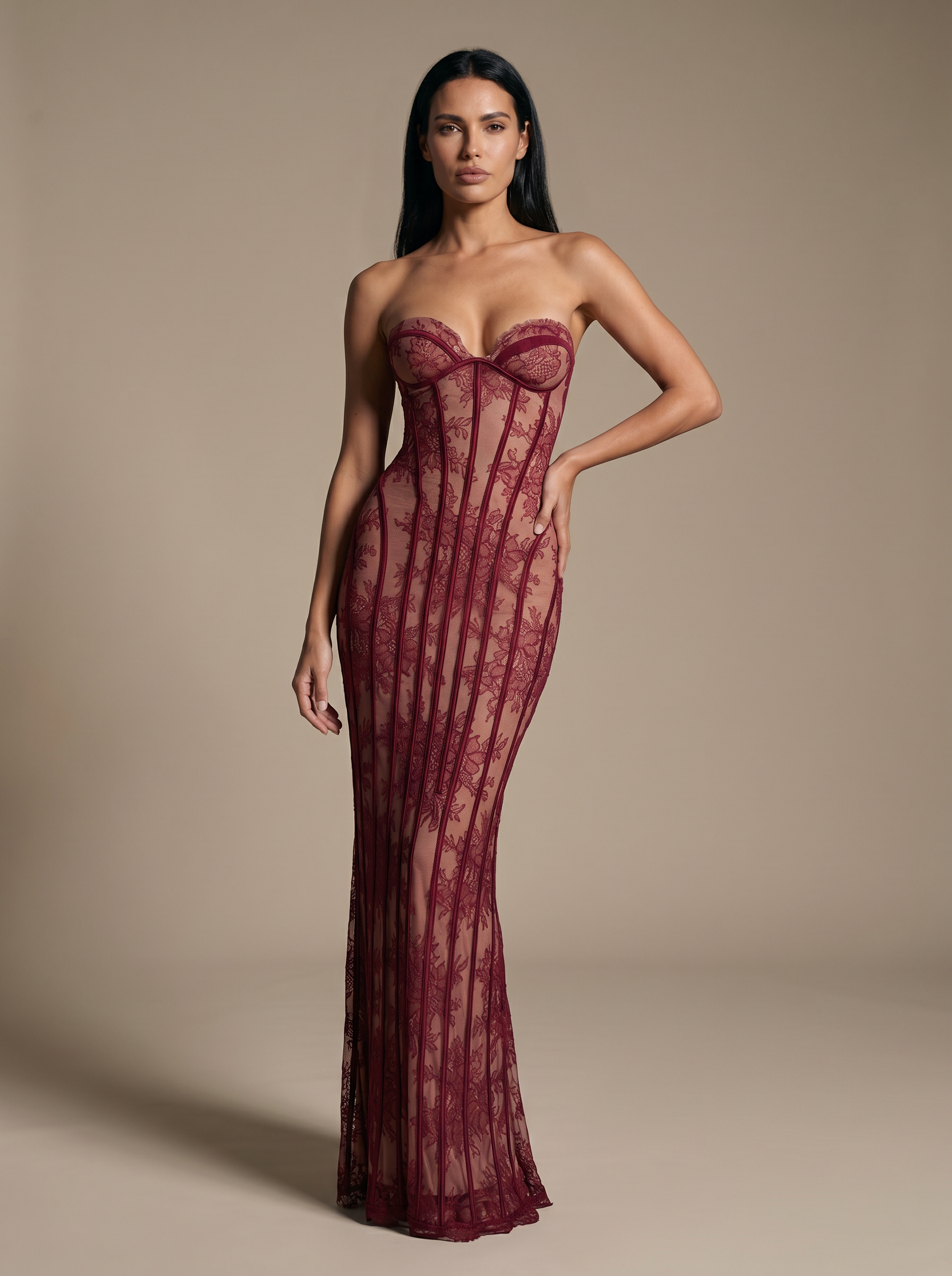 Strapless Wine Lace Column Gown - Burgundy