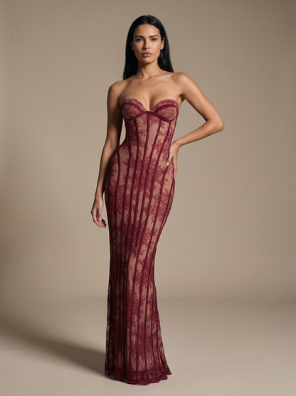 Strapless Wine Lace Column Gown - Burgundy