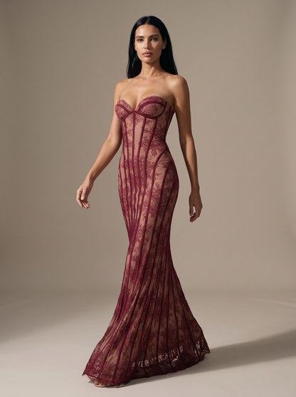 Strapless Wine Lace Column Gown - Burgundy