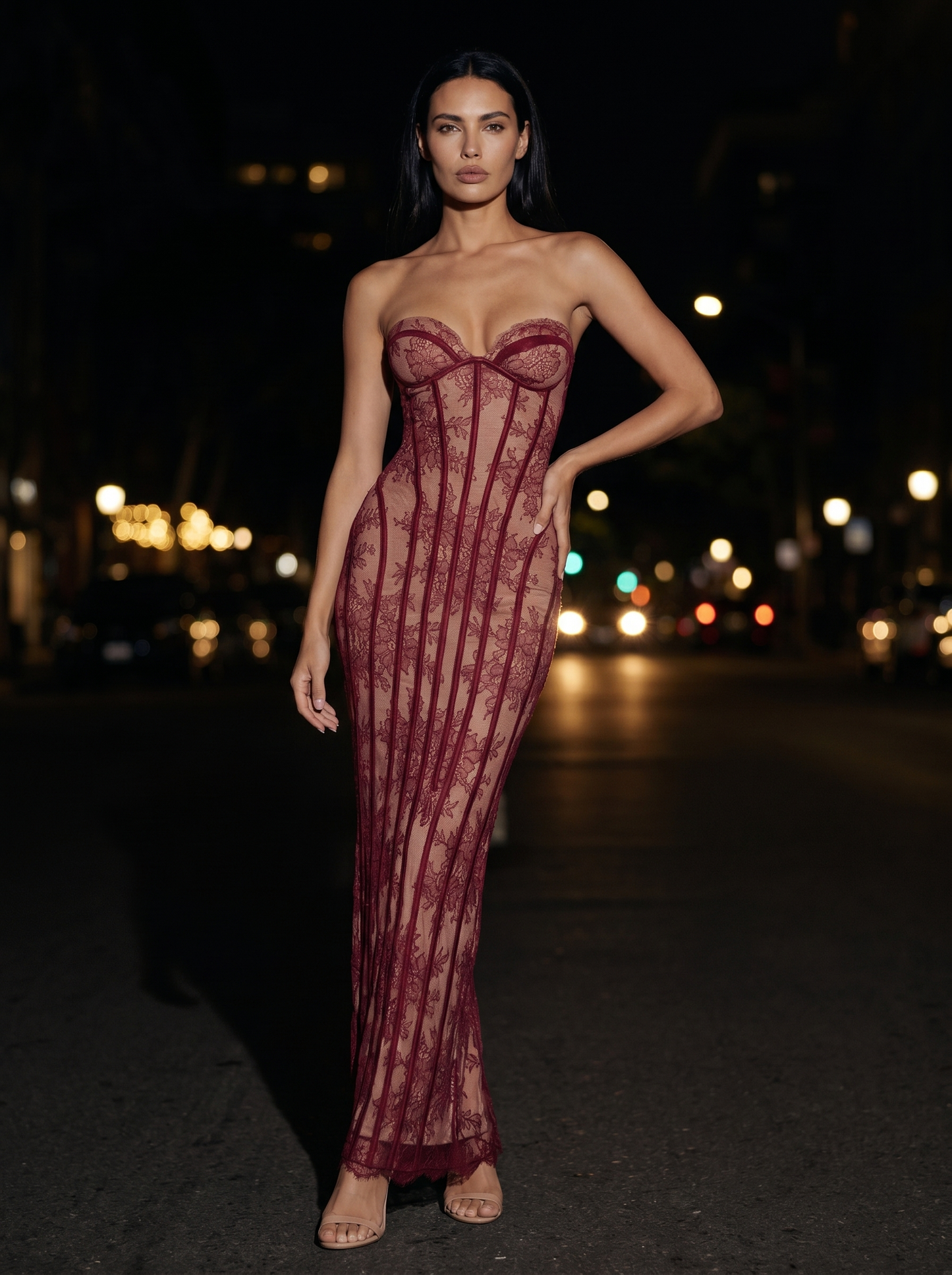 Strapless Wine Lace Column Gown - Burgundy, front