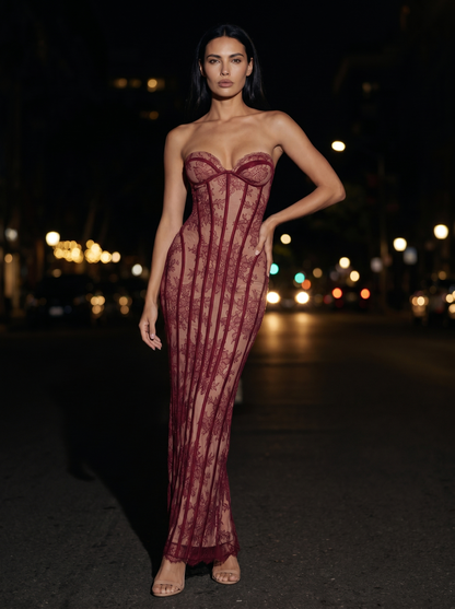 Strapless Wine Lace Column Gown - Burgundy, front