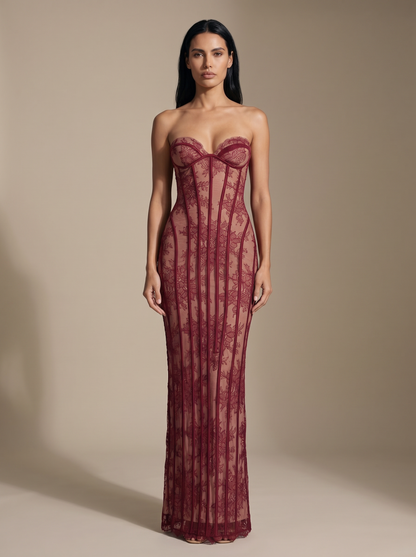 Strapless Wine Lace Column Gown - Burgundy, front