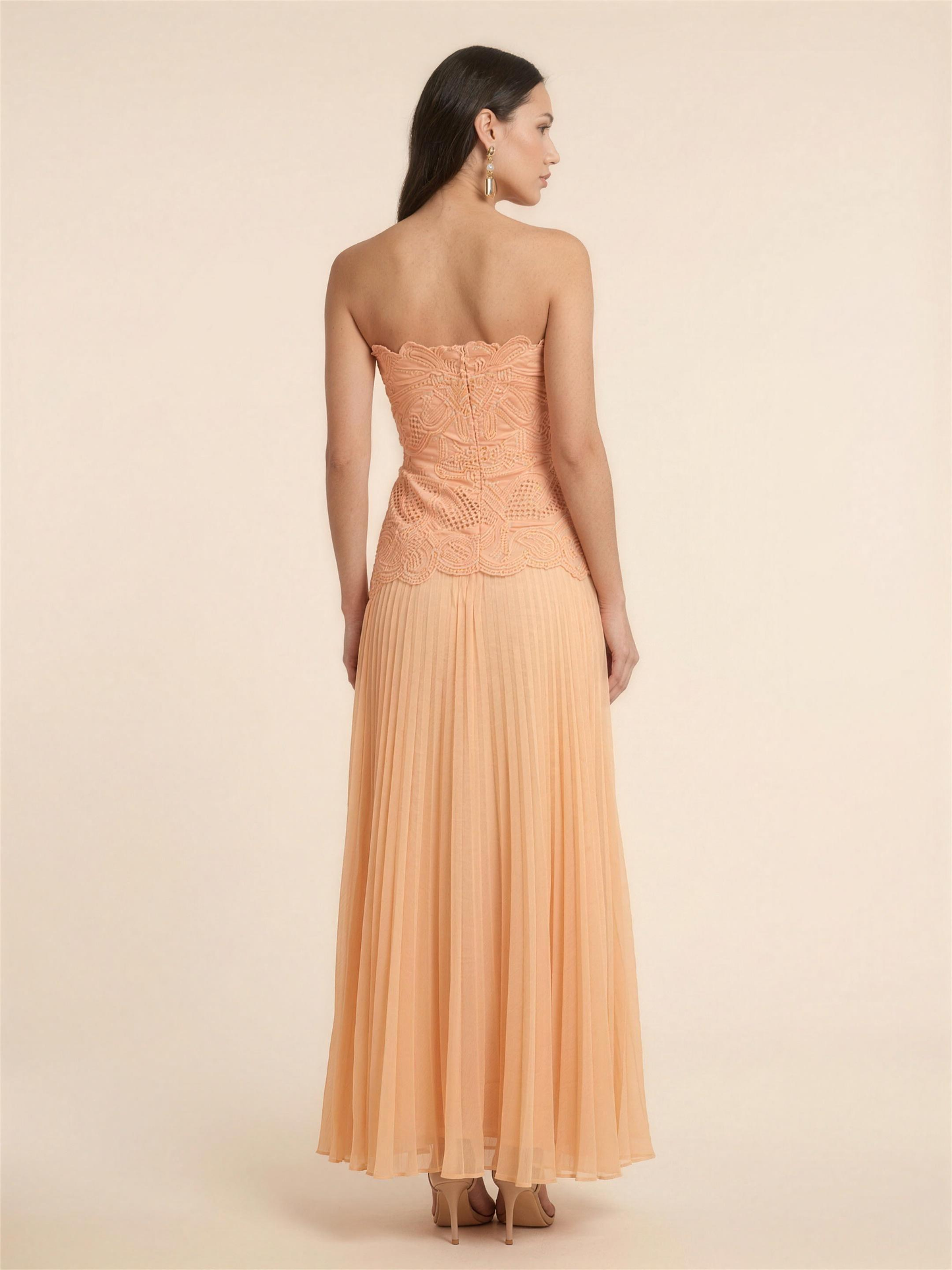 Strapless Pleated Chiffon Maxi Dress - Peach