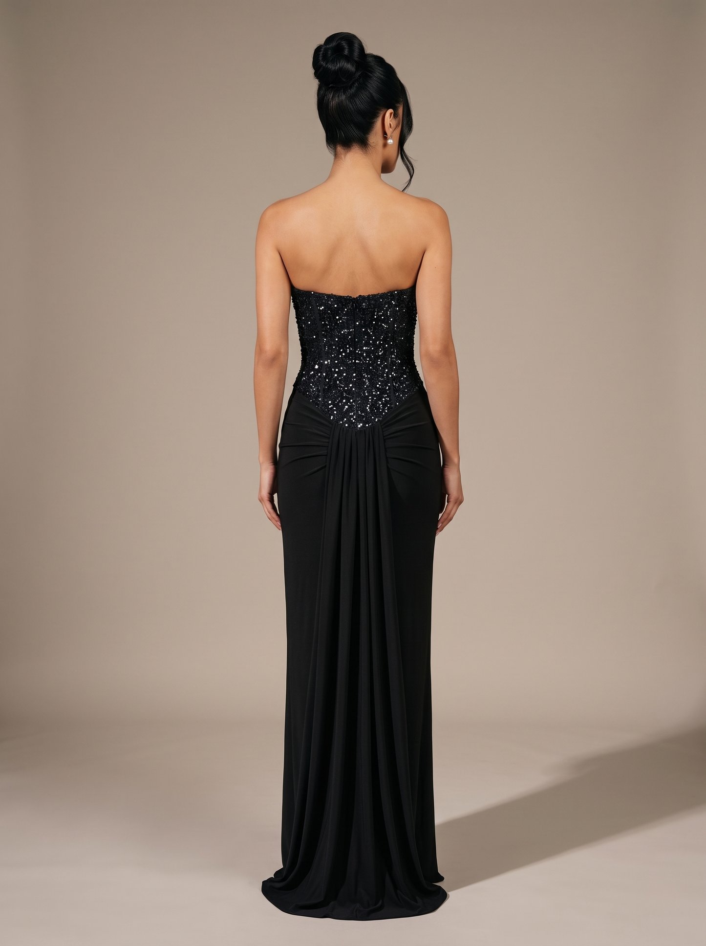 Chocolate Brown Strapless Draped Gown - Black, back