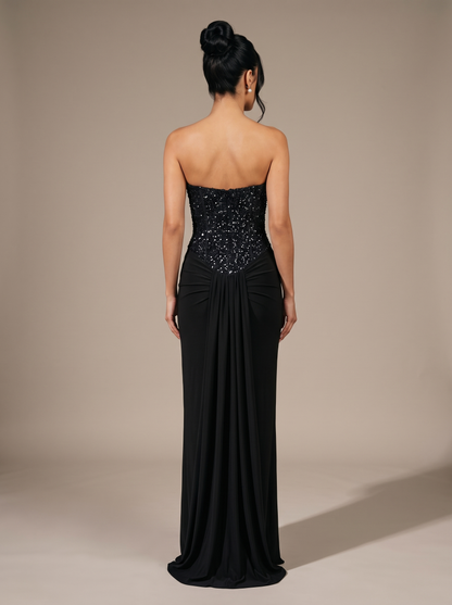 Chocolate Brown Strapless Draped Gown - Black, back