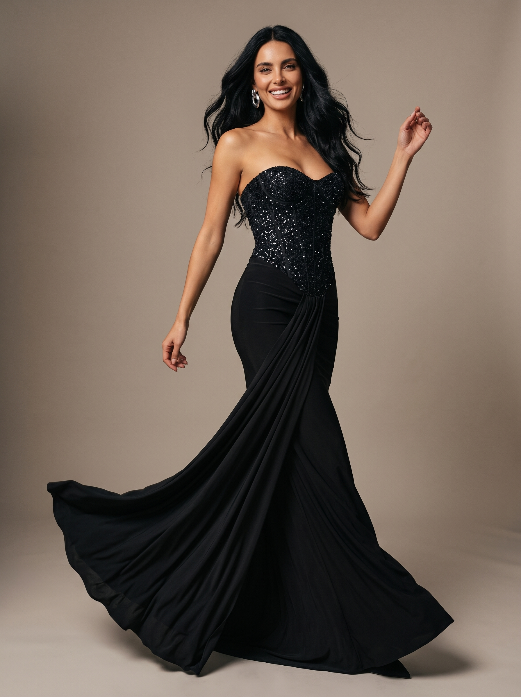 Chocolate Brown Strapless Draped Gown - Black
