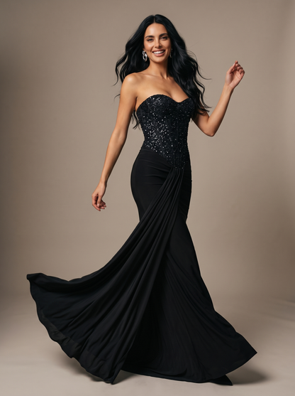 Chocolate Brown Strapless Draped Gown - Black