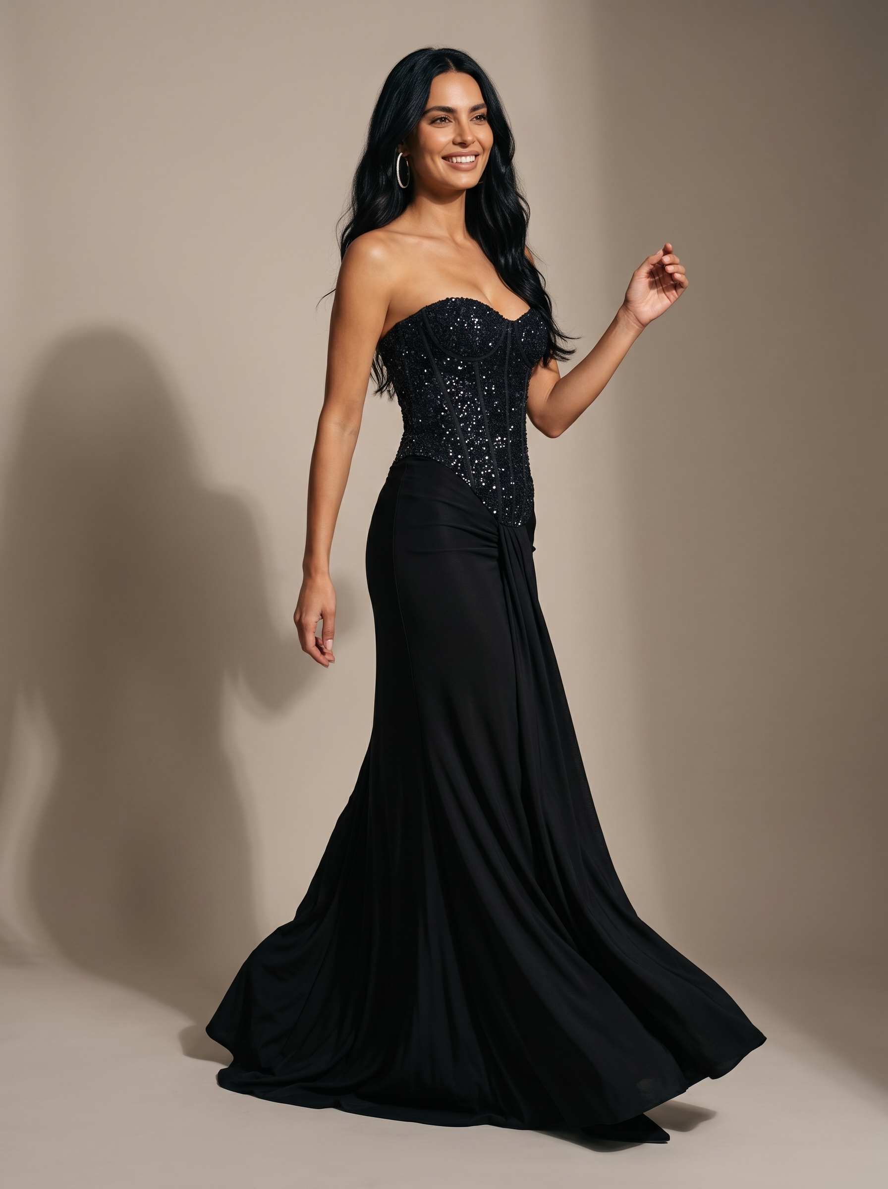 Chocolate Brown Strapless Draped Gown - Black