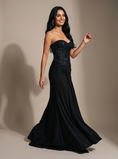 Chocolate Brown Strapless Draped Gown - Black