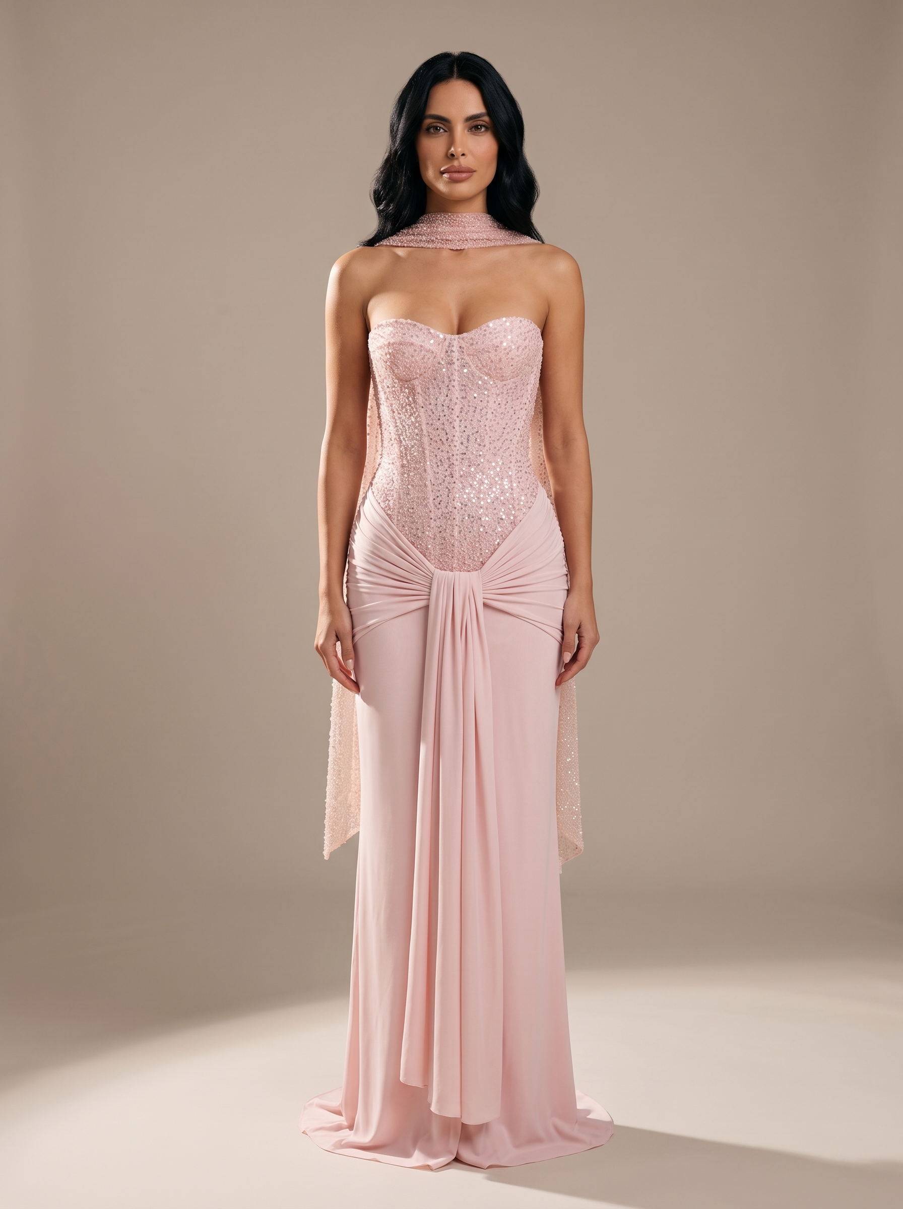 Chocolate Brown Strapless Draped Gown - Pink, front