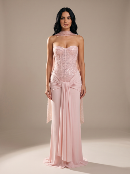 Chocolate Brown Strapless Draped Gown - Pink, front
