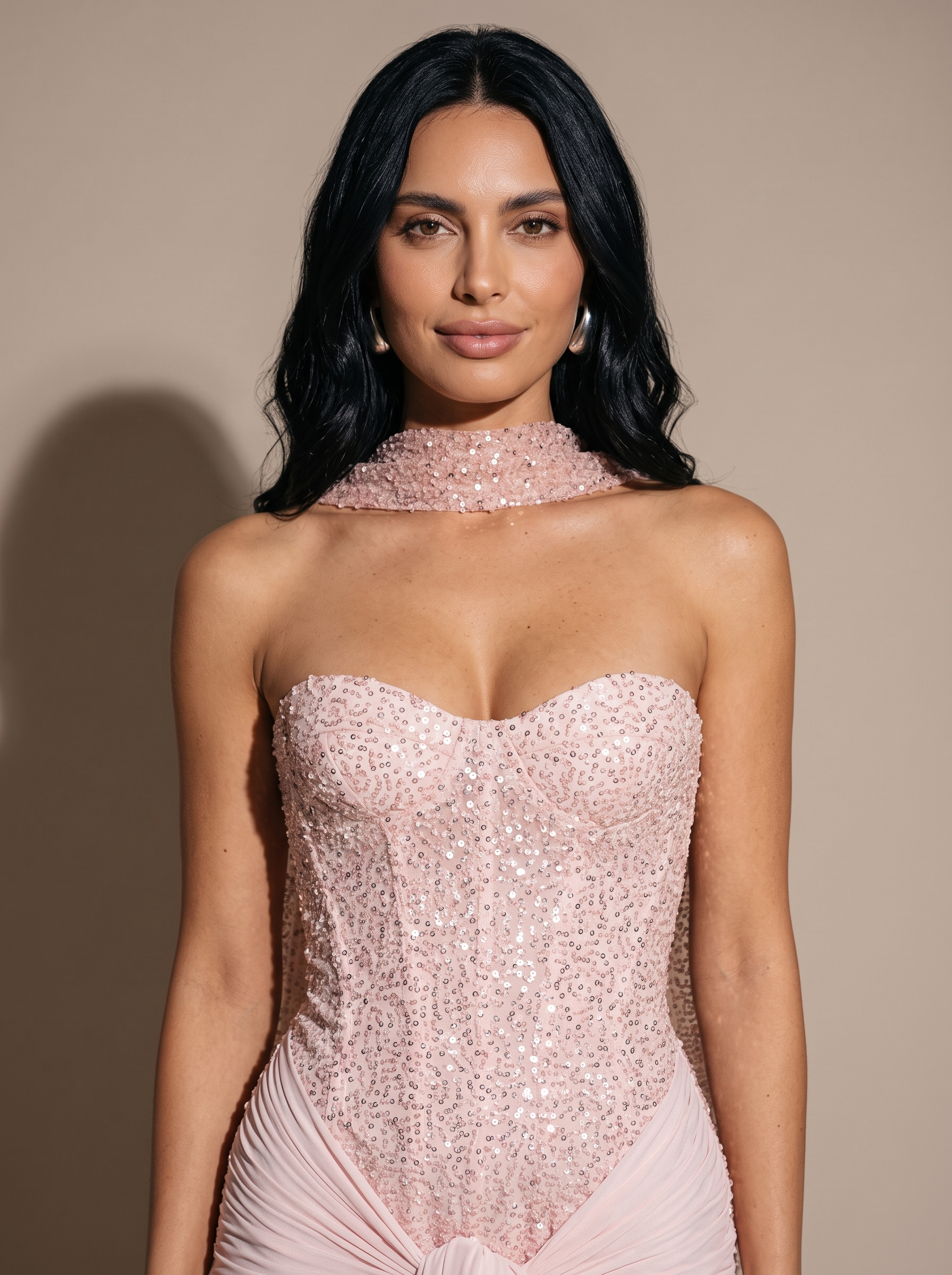 Chocolate Brown Strapless Draped Gown - Pink, close up