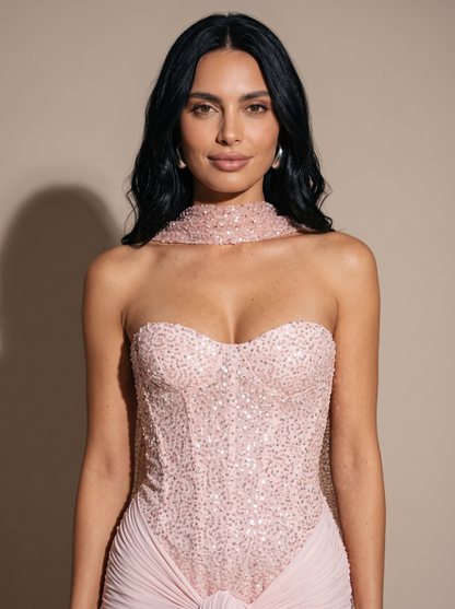 Chocolate Brown Strapless Draped Gown - Pink, close up