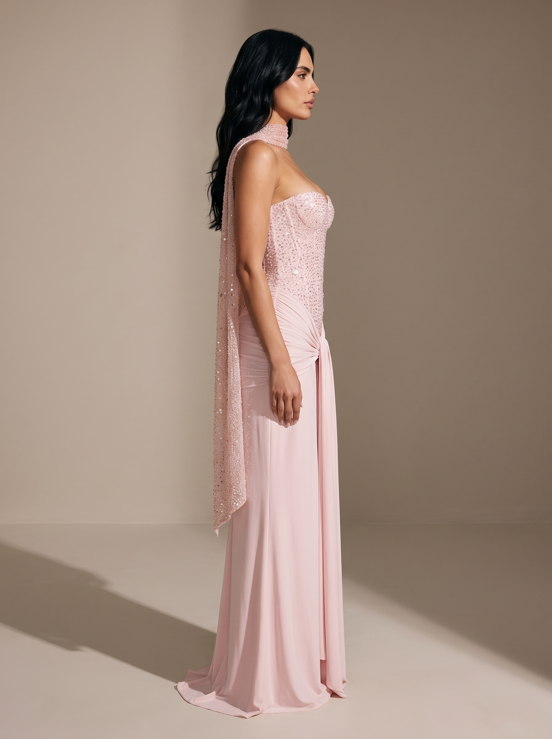 Chocolate Brown Strapless Draped Gown - Pink, side