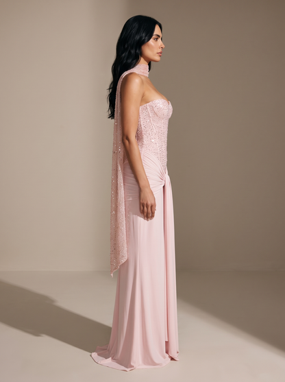 Chocolate Brown Strapless Draped Gown - Pink, side
