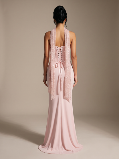 Chocolate Brown Strapless Draped Gown - Pink, back