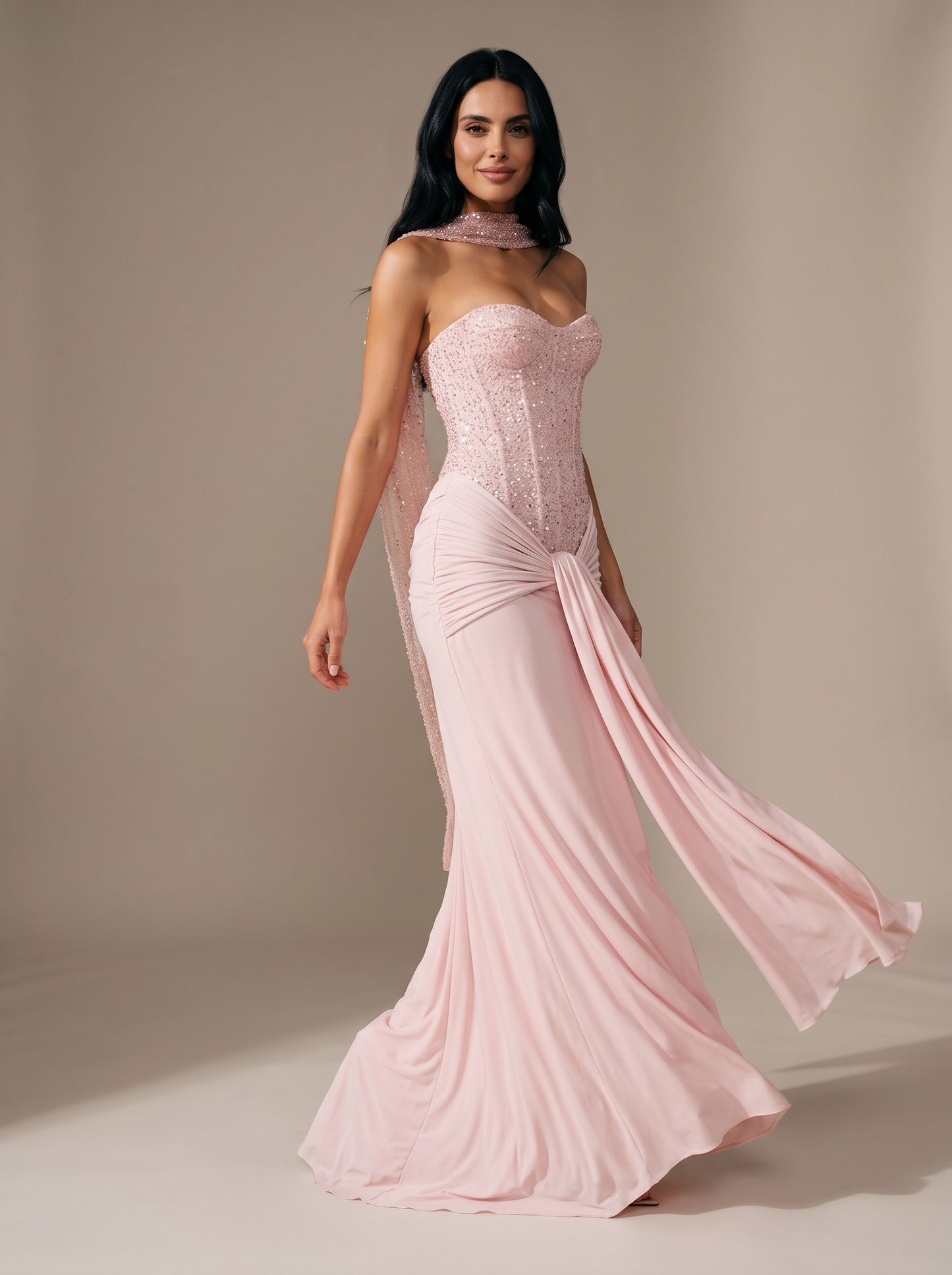 Chocolate Brown Strapless Draped Gown - Pink